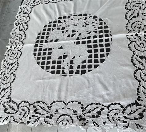 ANTIKETOFFE LINGE ANCIEN Nappe Ancienne Fil Lin Broderie Angelot