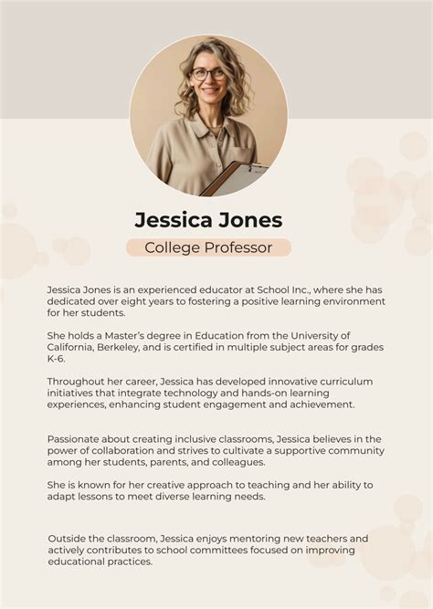 Free Aesthetic Teacher Professional Bio Template To Edit Online
