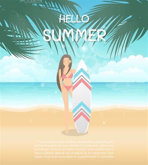 Premium Vector Hello Summer With Girl In Bikini And Surfboard On The Beach
