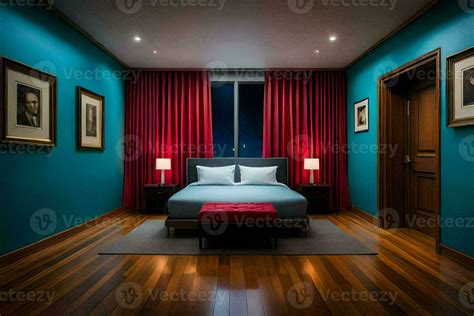 a bedroom with blue walls and red curtains. AI-Generated 33454821 Stock ...