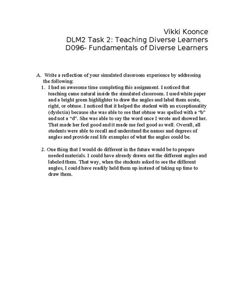 D096 Task 2 Vikki Koonce DLM2 Task 2 Teaching Diverse Learners D096