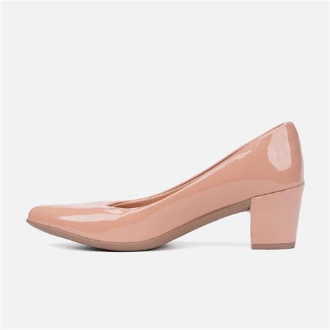 Scarpin Feminino Bico Fino Salto Bloco Grosso Brilhante Luxo Nude