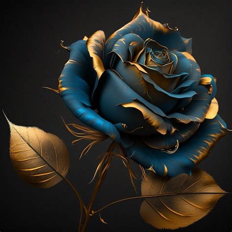 Una Rosa Azul Con Hojas Doradas Y Una Flor Dorada Foto Premium