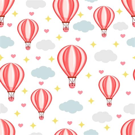 Premium Vector Seamless Pattern With Pink Hot Air Balloon Flying In The Sky Between The Clouds