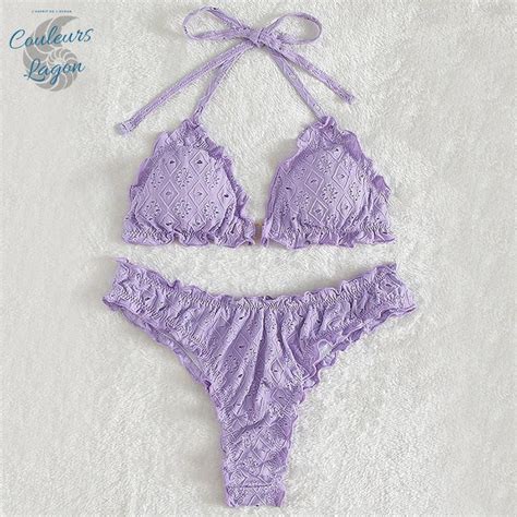 Sexy Bikini 2 pièces Brodé Ajouré à Volant Triangle et Bas Tangua COULEURS LAGON