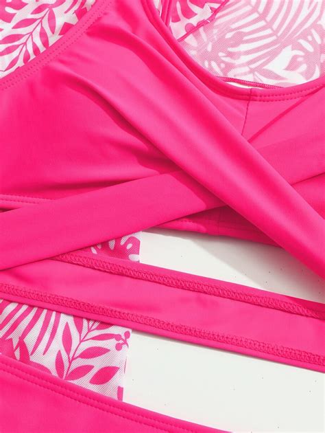 Shein Conjunto De Mai Bikini Estampa Tropical E Cobertura Cruzada Para Adolescentes Meninas