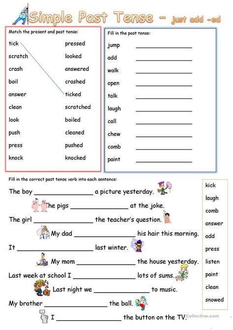 The Simple Past Tense Worksheet Is Shown With Pictures And Words To