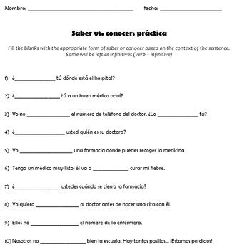 Saber vs conocer practice worksheet Spanish by Señorita Hansen