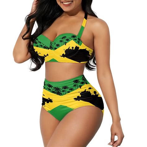 Renewold Softness Swimsuit Women Size L Jamaican Flag Coconut Tree High Waist Bikini Set Push Up
