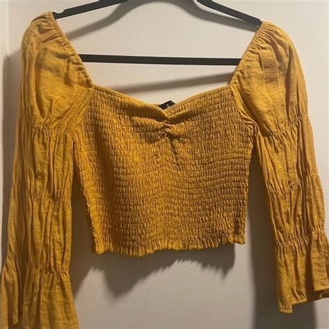 Lulus Mustard Yellow Cropped Smocked Puff Sleeve Top Size Small S