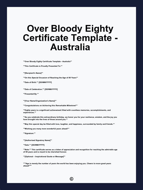 Over Bloody Eighty Certificate Template - Australia