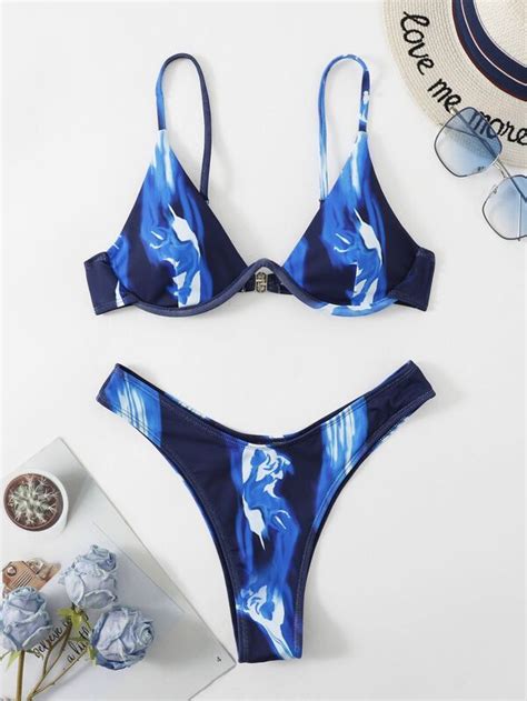 Shein Swim Vcay Graphic Print Bikini Set Underwire Bra Top And High Cut