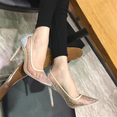 Chic Beautiful Nude Prom Pumps Rhinestone Sequins Leather Cm Stiletto Heels Pointed