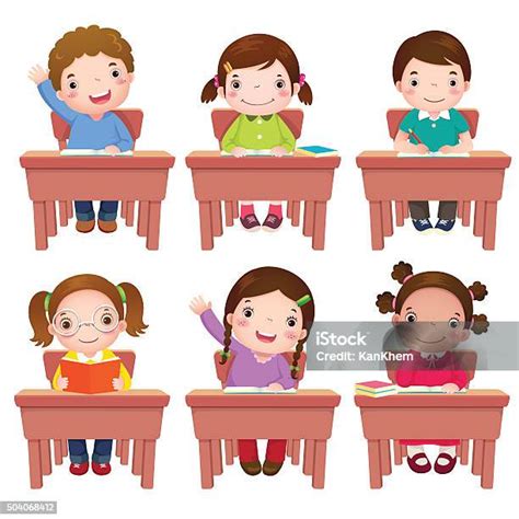 anakanak sekolah duduk  atas meja ilustrasi stok  gambar