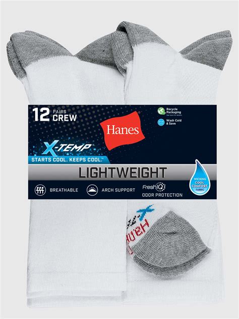 Hanes Mens X Temp Active Cool Lightweight Crew Socks 12 Pack