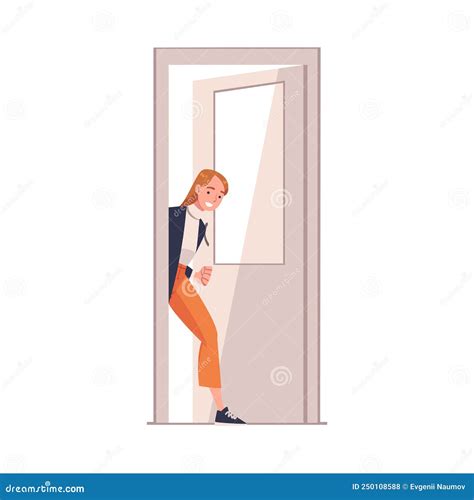 Personaje De Mujer En La Puerta Que La Abren Entrando En La Ilustración