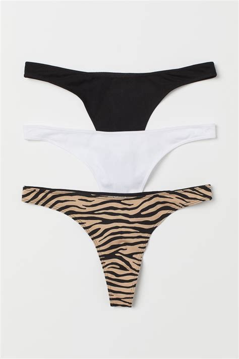 3 Pack Cotton Thong Briefs Low Waist Beige Zebra Print Ladies H