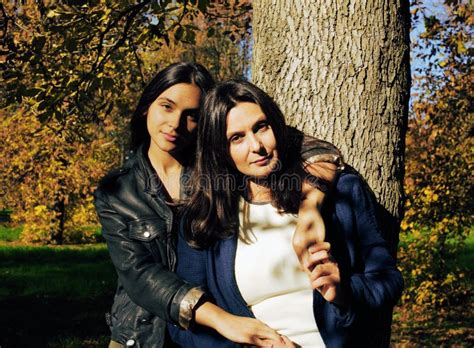 Mature Real Mother With Daughter Outside Autumn Fall In Park Stock Image Image Of Beauty