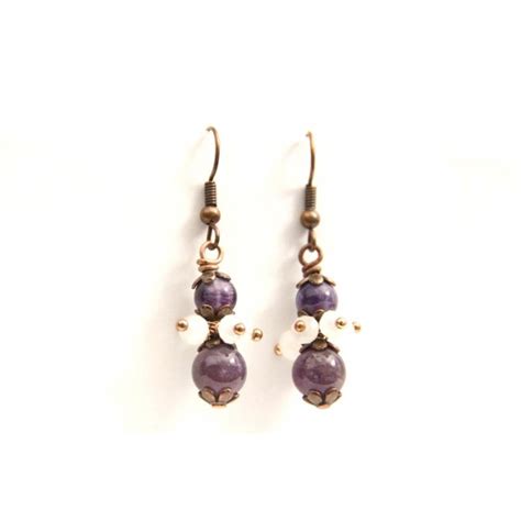 Boucles D Oreilles En Amethyste Et Grappes De Perles En Cristal Et