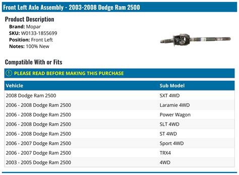 2003 2008 Dodge Ram 2500 Axle Assembly Mopar W0133 1855699 Front Left