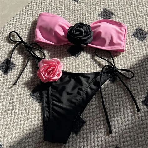 Sexy Flower Bandeau Swimwear Thong Bikini Women Swimsuit Sexy Bikini Set D Rose Bikini Set