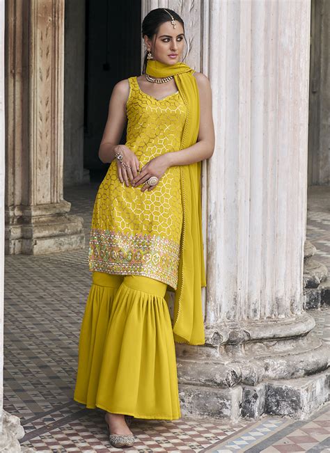 Buy Mustard Faux Georgette Embroidery Work Party Wear Sharara Suit