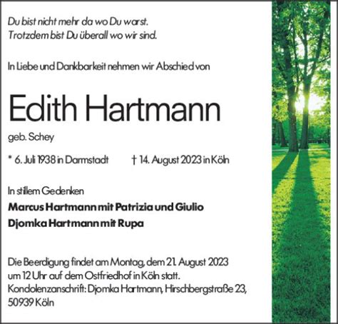 Traueranzeigen Von Edith Hartmann Vrm Trauer De