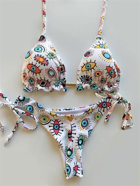 Emmiol Free Shipping Eye Print Lace Up Bikini Set White M In