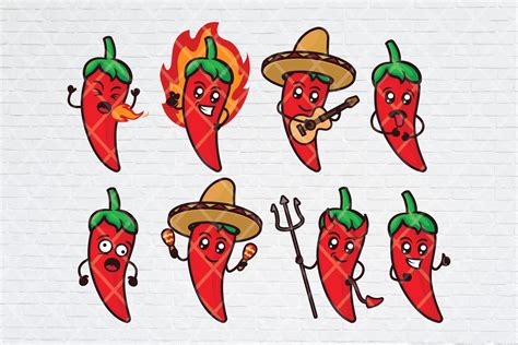 Cute Chili Pepper Emoji Bundle Svg Files Of Funny Hot Chili With Mexican Sombrero Pitchfork