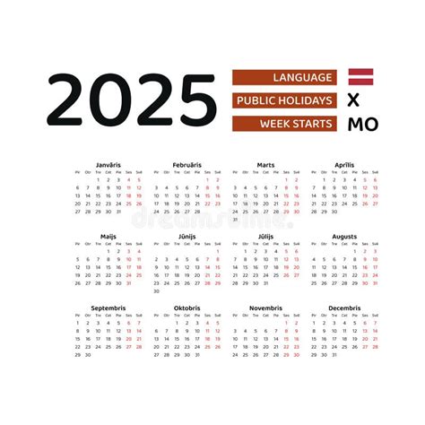 Latvia Calendar 2025. Week Starts from Monday. Vector Graphic Design