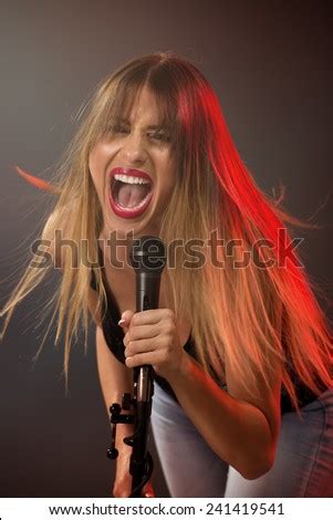 Blonde Girl Naked Shoulders Singing Microphone Stock Photo Shutterstock