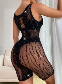 Mesh Rhinestone Cut Out Romper Romper Lingerie Without Liner SHEIN USA