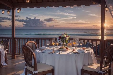 Premium Photo Elegant Beachside Dining Sunset Views Fine Dining And Coastal Luxury