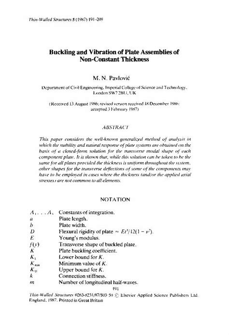 PDF Buckling And Vibration Of Plate Assemblies Of Non Constant