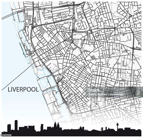 Ilustración De Mapa De La Ciudad Y Silueta De La Ciudad De Liverpool En