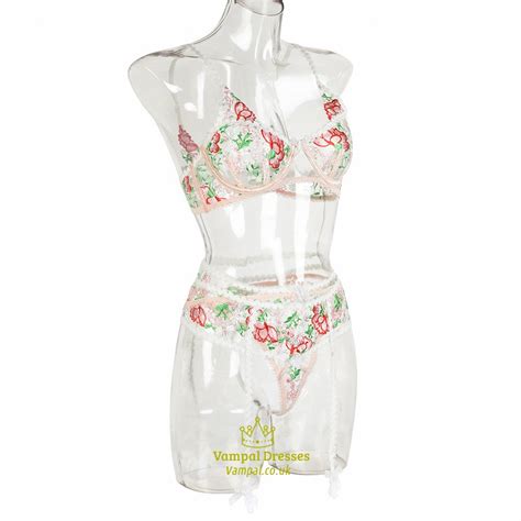 Pink Embroidery Lace Lingerie Piece Set With Bow Accents Vampal Dresses