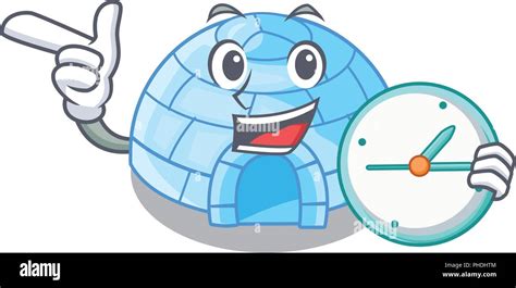 With Clock Cartoon Dome Igloo Ice House Snow Vector Illustration Stock