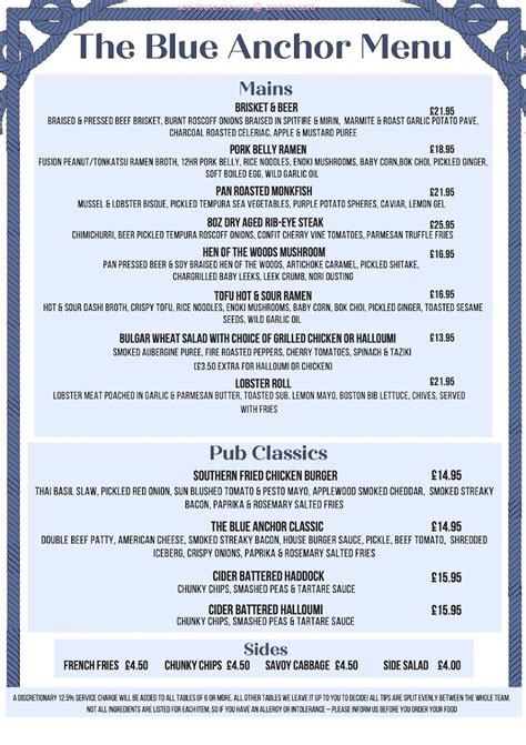 Menu at Blue Anchor pub & bar, Crowborough