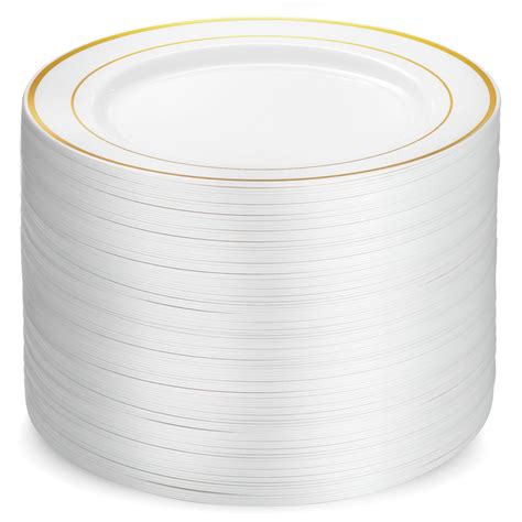 100 Piece Plastic Party Plates White Gold Rim Premium Heavy Duty 1025