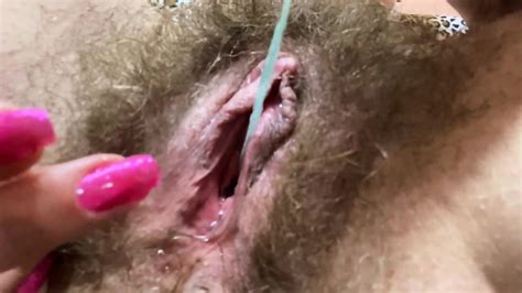 Double Orgasm With Super Wet Hairy Pussy And Tampons Inside Huge