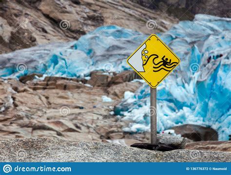 Glacier Hazards Danger Sign Nigardsbreen Jostedal Norway Stock Photo