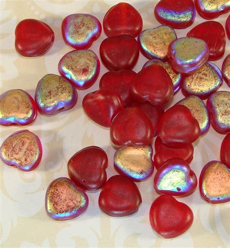 60 Red Heart Glass Beads Bulk Beads Matte Iridescent 10mm To Etsy