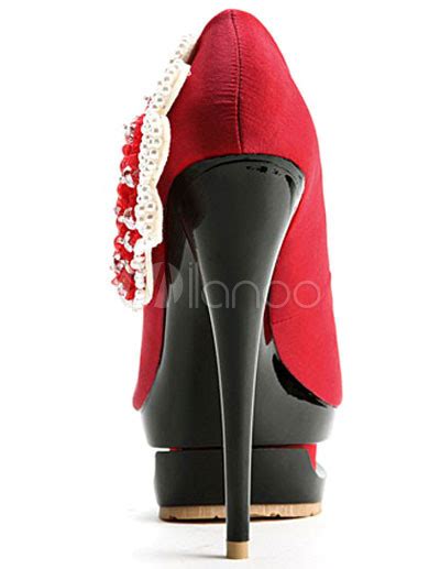 Red Satin Fabric Beading Flower Peep Toe Women S High Heels