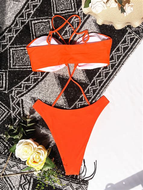 OEM Custom New Sexy Solid Ring Pleated One Piece Bikini Beachwear Halter Bandeau Front Cross