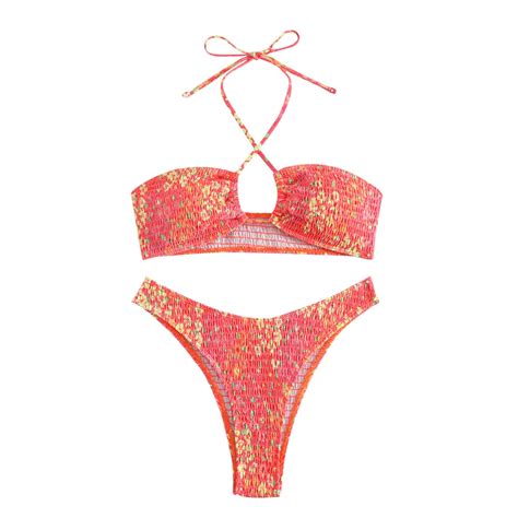 Buigttklop Women S Triangle Bikini String Swimsuit Print Tie Smocked Ruched Two Piece Bathing