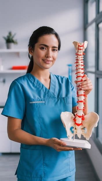 Jovem mulher latina vestindo uniforme de fisioterapeuta segurando modelo anatômico da coluna