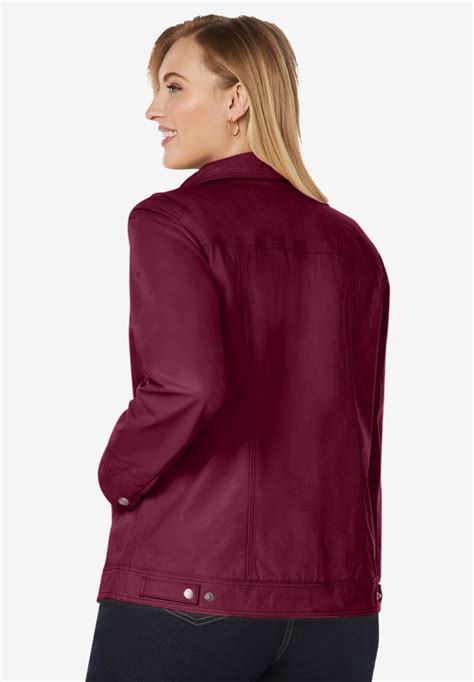 Fashionable Denim Style Leather Jacket Rich Burgundy Roamans