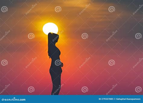 Silhouette Of A Beautiful Woman In Bikini Against The Setting Sun Stock Illustration