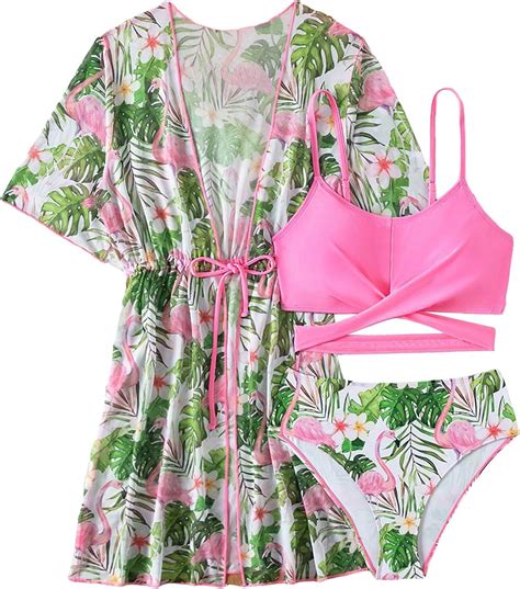 Amazon Wdirara Girl S Piece Swimsuits Tropical Print Criss Cross Bikini Set With Kimono