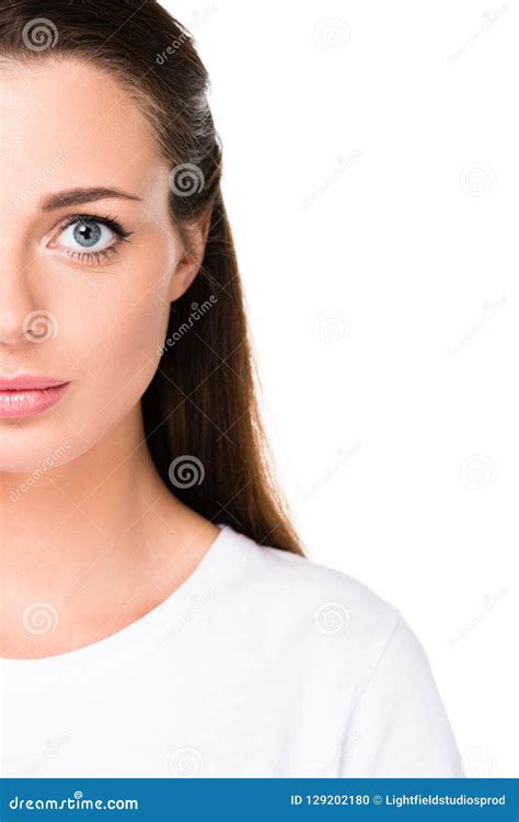 Cropped Shot Of Beautiful Woman With Nude Makeup Looking At Camera Stock Photo Image Of